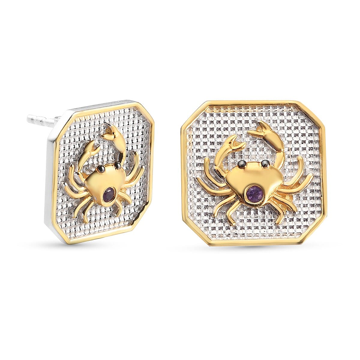 Amethyst Cancer Zodiac Stud Earrings (with Push Back) in Yellow Gold and Platinum Overlay Sterling Silver