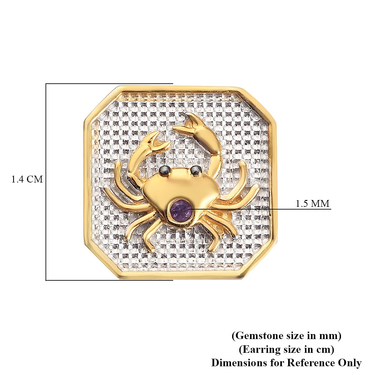 Amethyst Cancer Zodiac Stud Earrings (with Push Back) in Yellow Gold and Platinum Overlay Sterling Silver