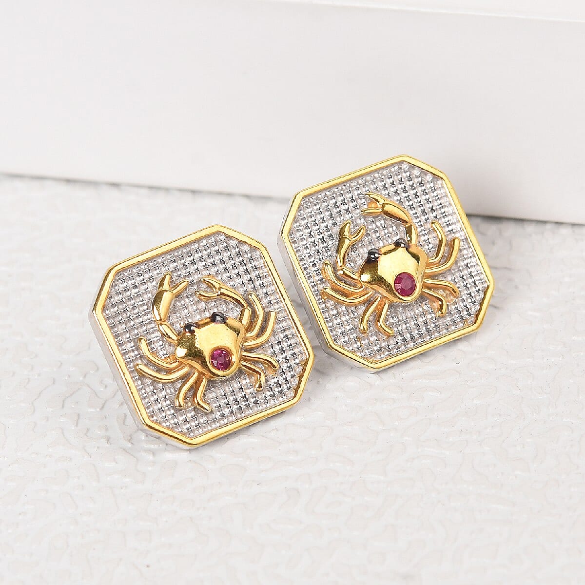 African Ruby (FF) Cancer  Zodiac Stud Earrings (with Push Back) in Yellow Gold and Platinum Overlay Sterling Silver