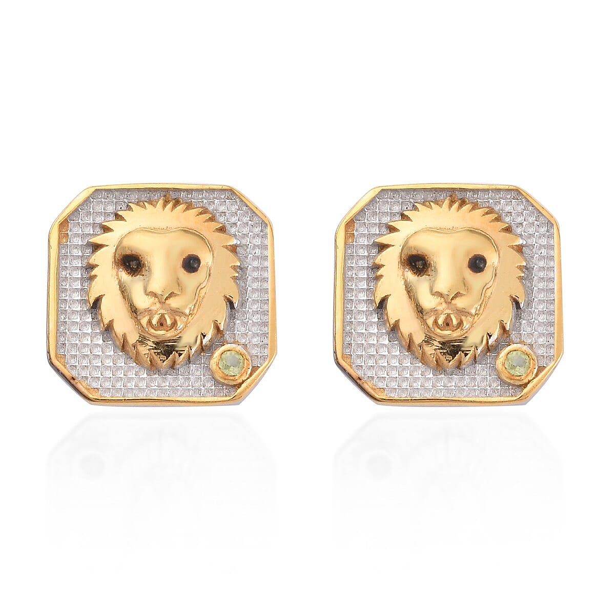 Hebei Peridot Leo Zodiac Stud Earrings (with Push Back) in Yellow Gold and Platinum Overlay Sterling Silver
