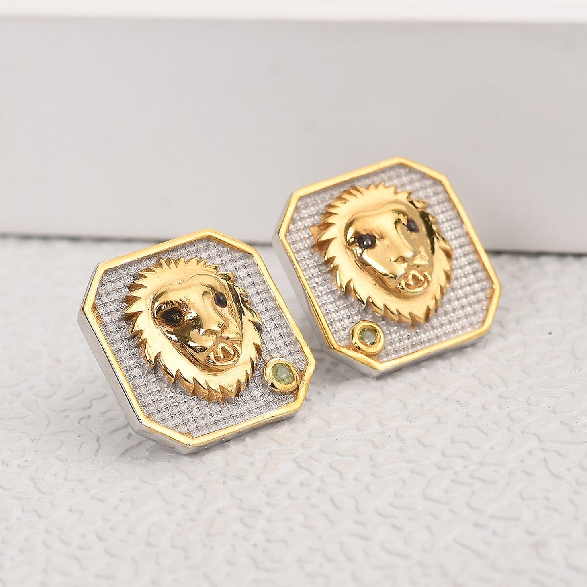 Hebei Peridot Leo Zodiac Stud Earrings (with Push Back) in Yellow Gold and Platinum Overlay Sterling Silver