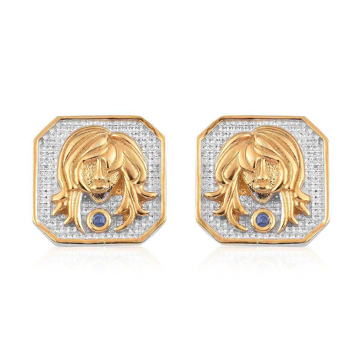 Fissure Filled Blue Sapphire Virgo Zodiac Earrings (with Push Back) in Platinum and Yellow Gold Overlay Sterling Silver