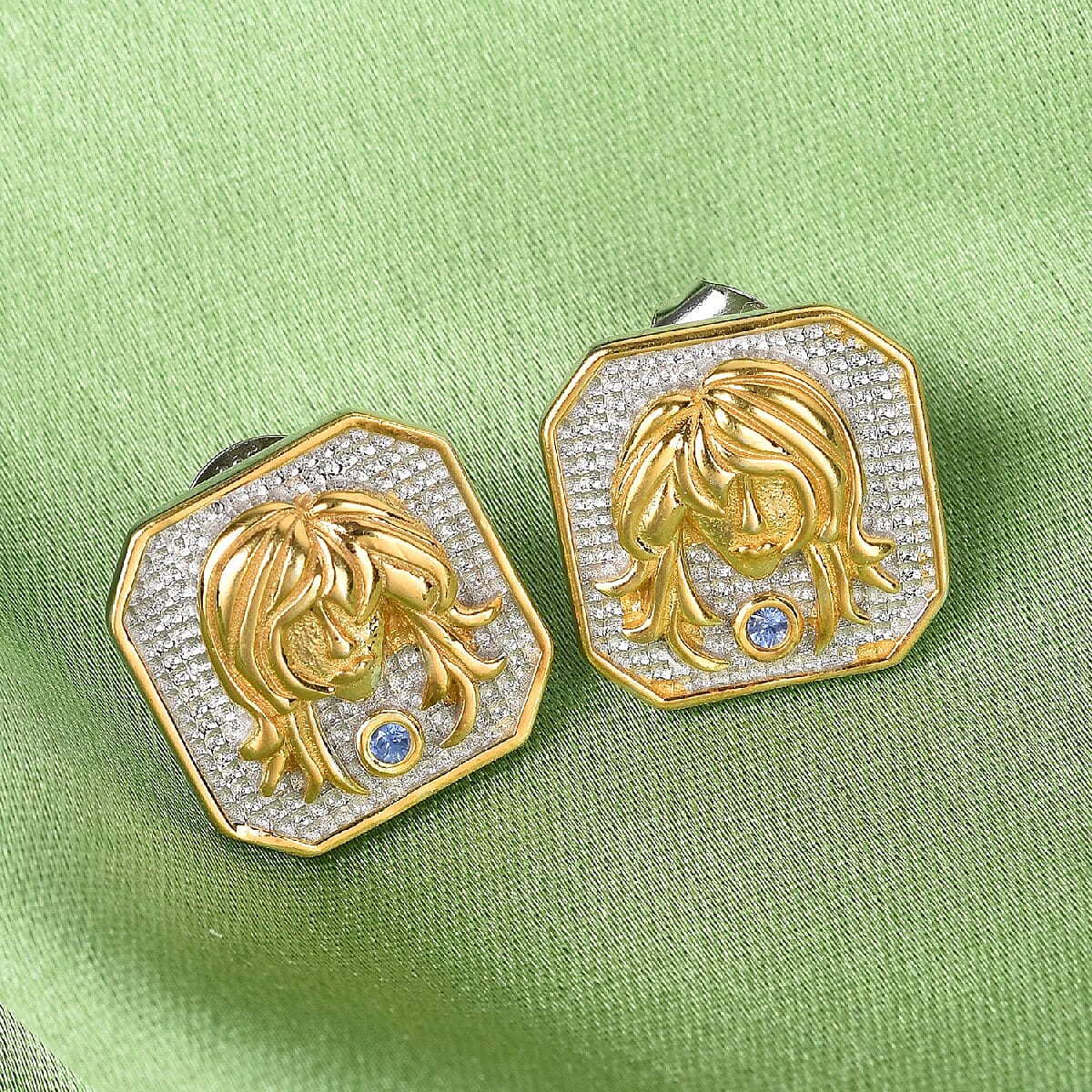 Fissure Filled Blue Sapphire Virgo Zodiac Earrings (with Push Back) in Platinum and Yellow Gold Overlay Sterling Silver