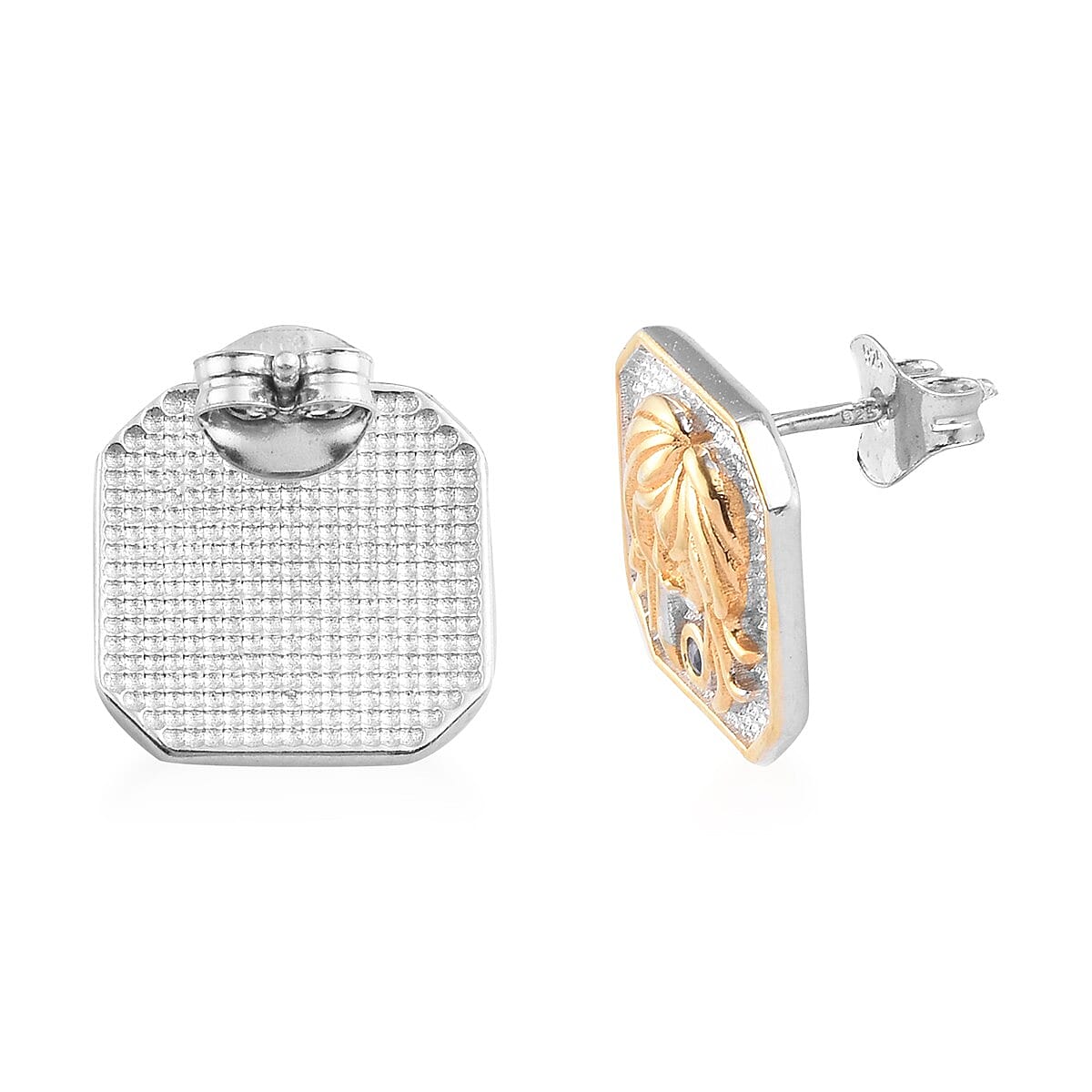 Fissure Filled Blue Sapphire Virgo Zodiac Earrings (with Push Back) in Platinum and Yellow Gold Overlay Sterling Silver