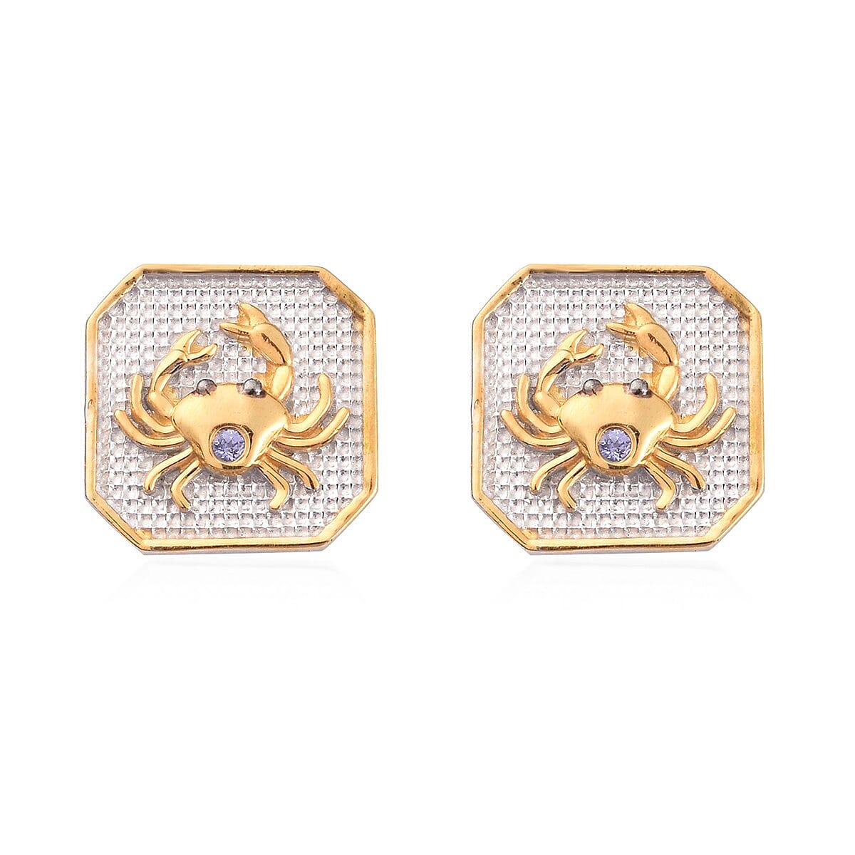 Tanzanite Cancer Zodiac Stud Earrings (with Push Back) in Platinum and Yellow Gold Overlay Sterling Silver
