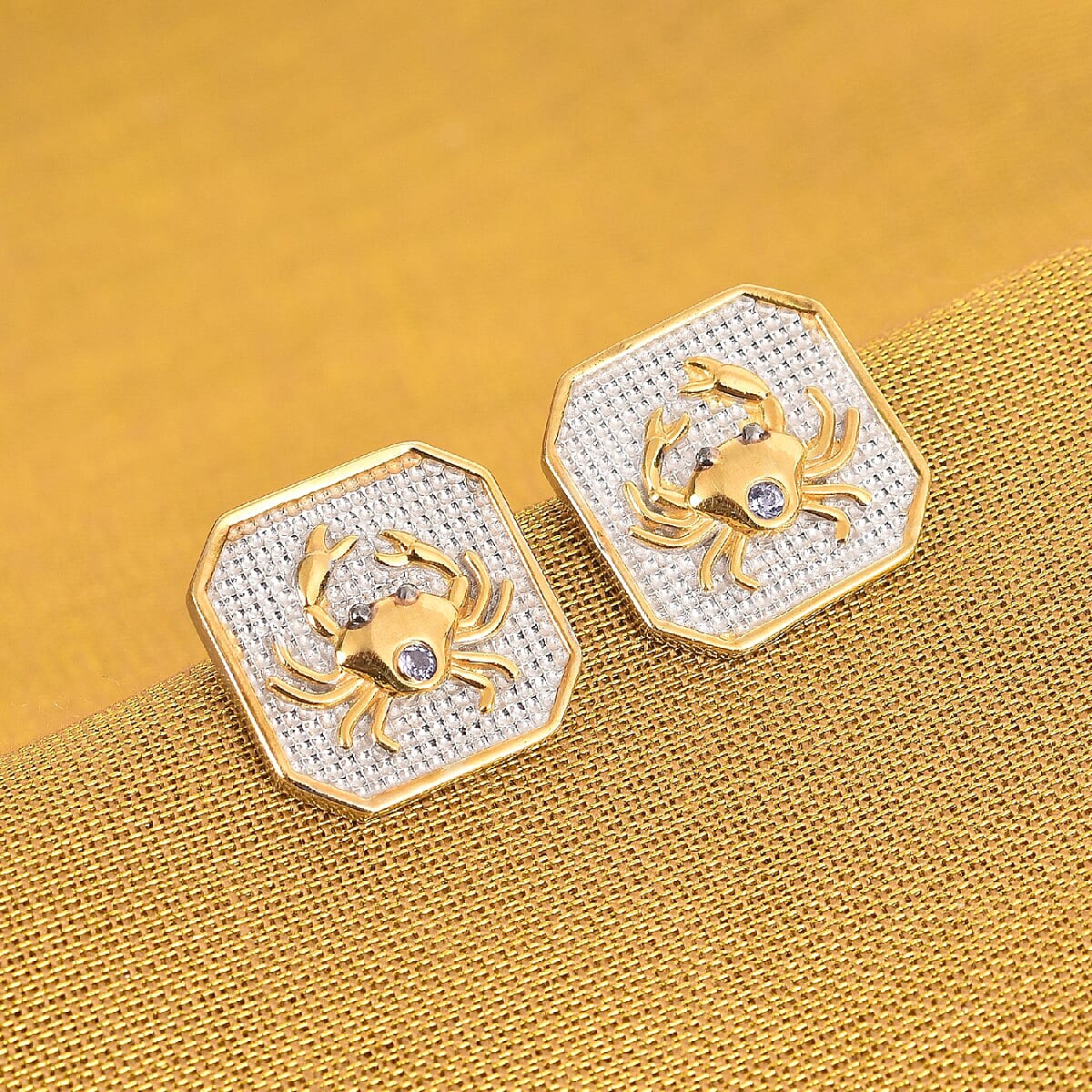 Tanzanite Cancer Zodiac Stud Earrings (with Push Back) in Platinum and Yellow Gold Overlay Sterling Silver