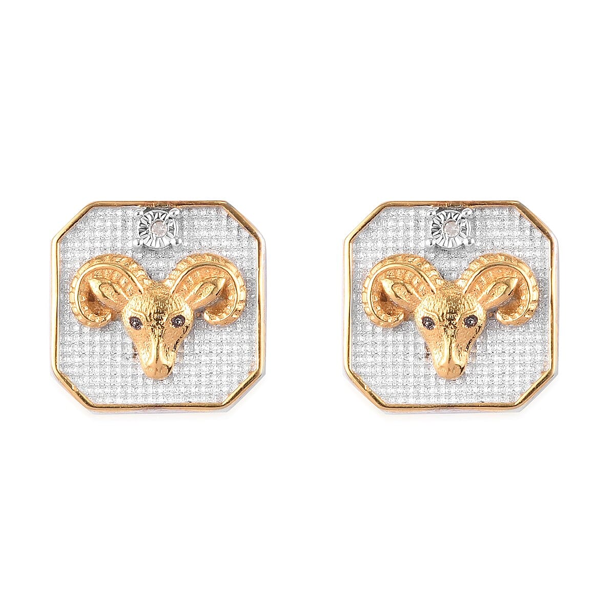 Diamond Aries  Zodiac Stud Earrings (with Push Back) in Yellow Gold and Platinum Overlay Sterling Silver