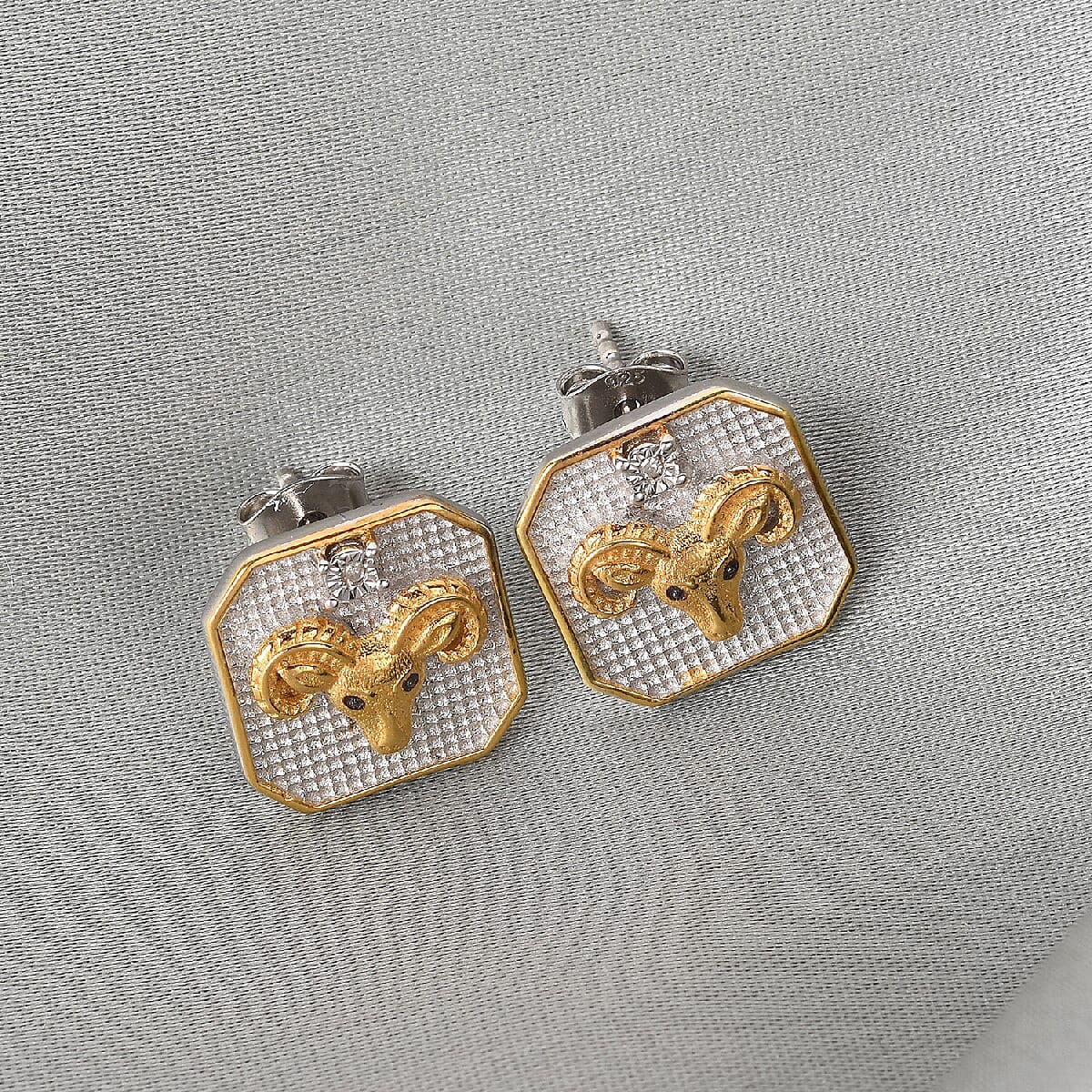 Diamond Aries  Zodiac Stud Earrings (with Push Back) in Yellow Gold and Platinum Overlay Sterling Silver