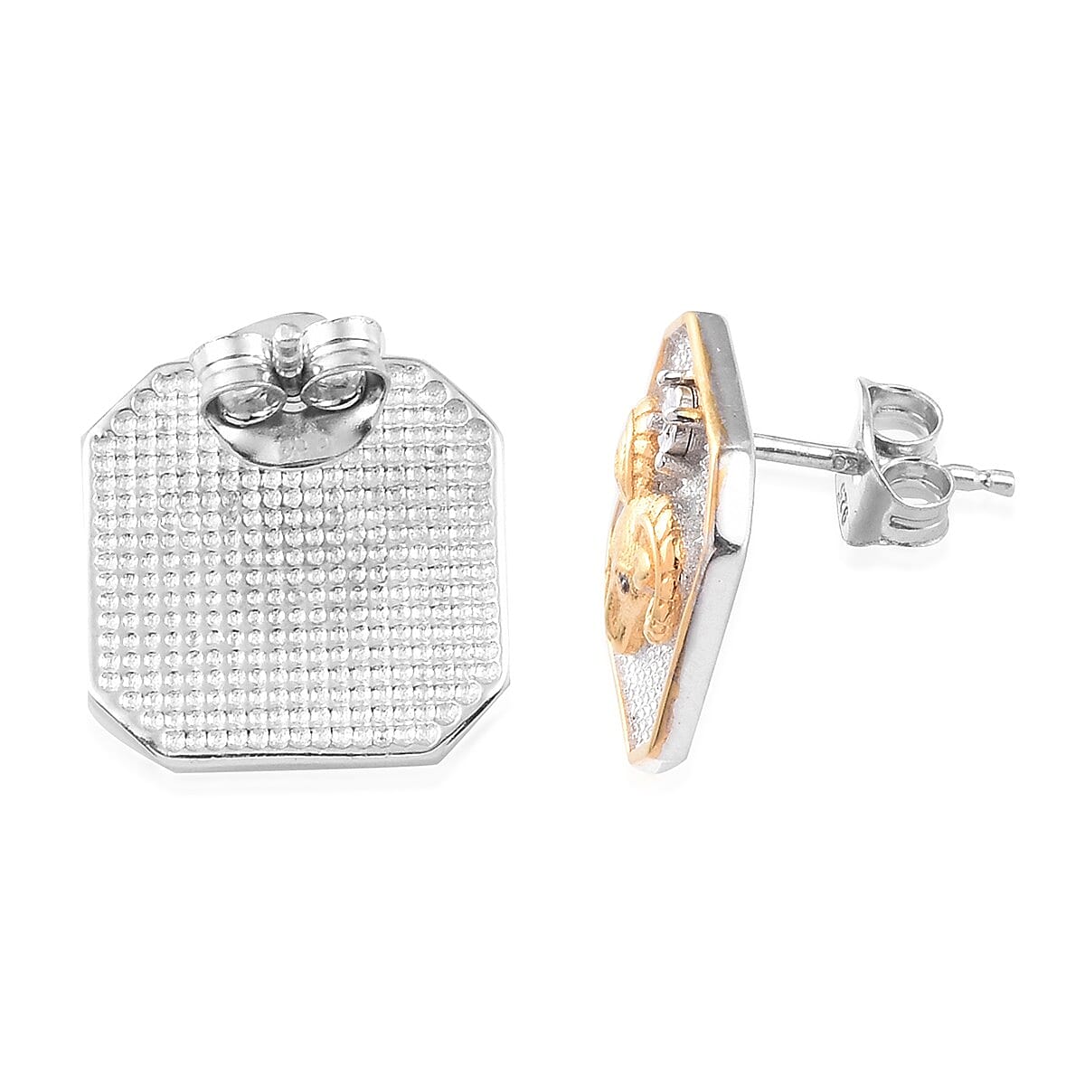Diamond Aries  Zodiac Stud Earrings (with Push Back) in Yellow Gold and Platinum Overlay Sterling Silver