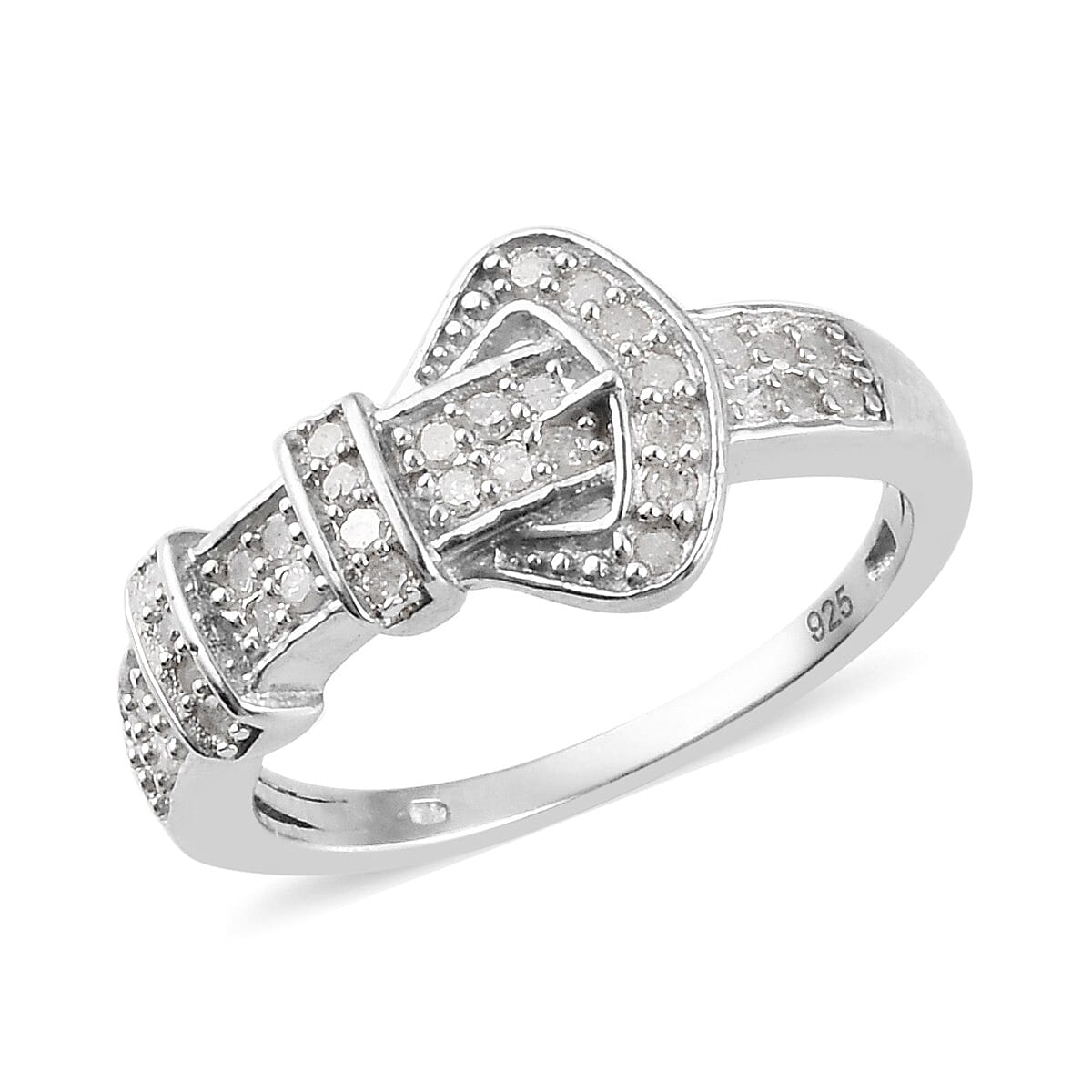 Designer Inspired- White Diamond Buckle Ring in Platinum Overlay Sterling Silver 0.33 Ct.