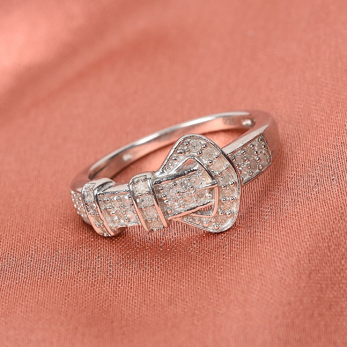 Designer Inspired- White Diamond Buckle Ring in Platinum Overlay Sterling Silver 0.33 Ct.