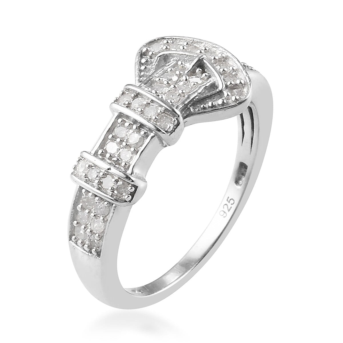 Designer Inspired- White Diamond Buckle Ring in Platinum Overlay Sterling Silver 0.33 Ct.