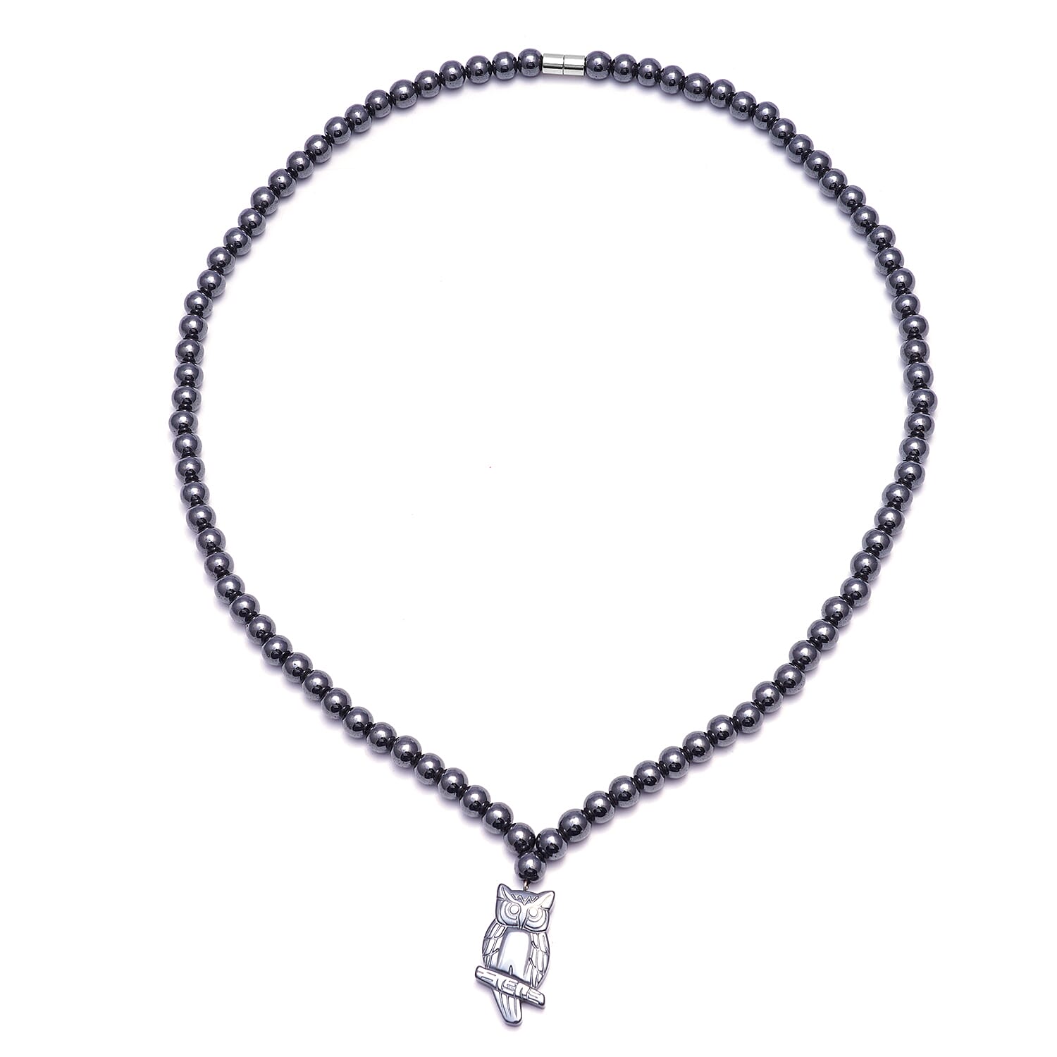 Hematite Beads Owl Necklace (Size 26) with Magnetic Lock 604.00 Ct.