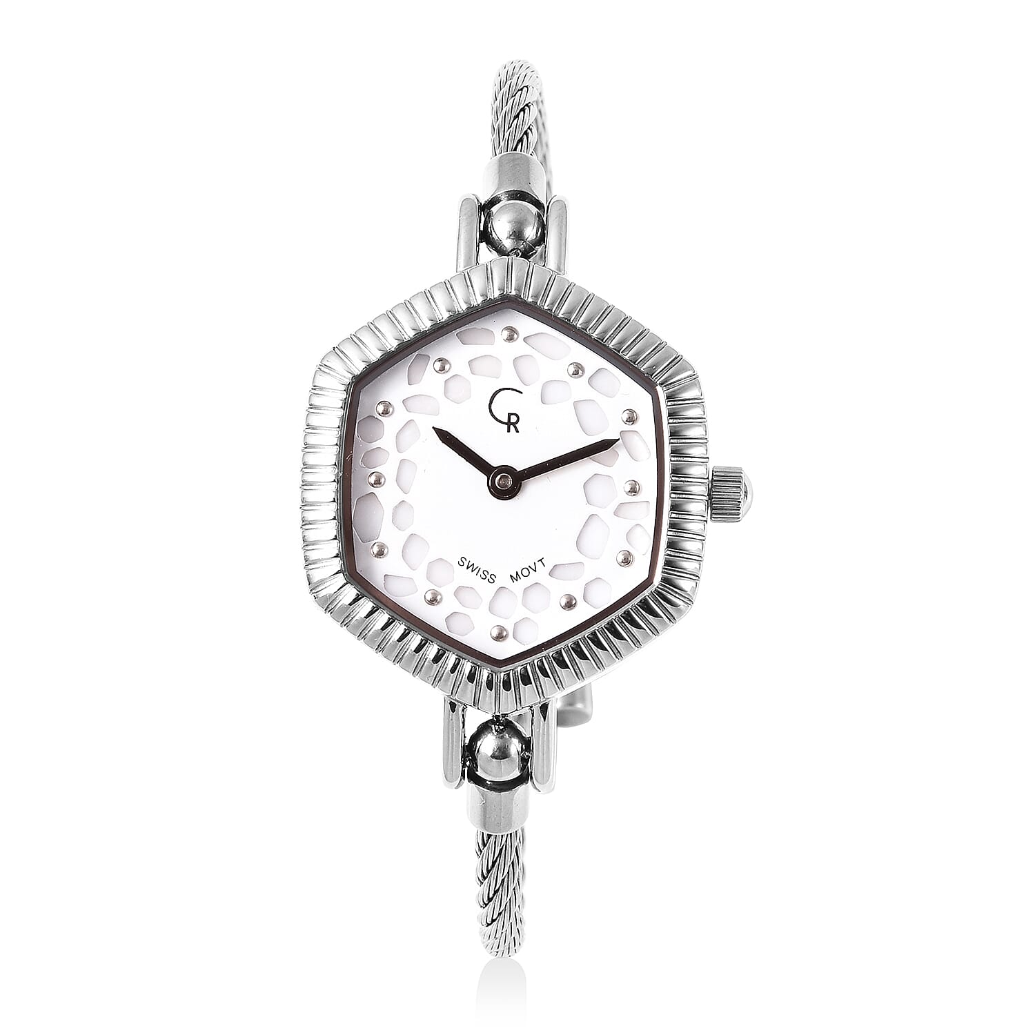 RACHEL GALLEY Swiss Movement 5ATM Water Resistant Lattice Design White MOP Dial Bangle Watch (Size 6.5-7) in Stainless Steel