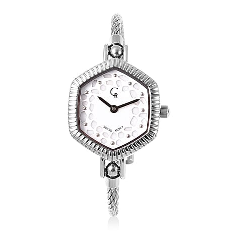 RACHEL GALLEY Swiss Movement 5ATM Water Resistant Lattice Design White MOP Dial Bangle Watch (Size 6.5-7) in Stainless Steel