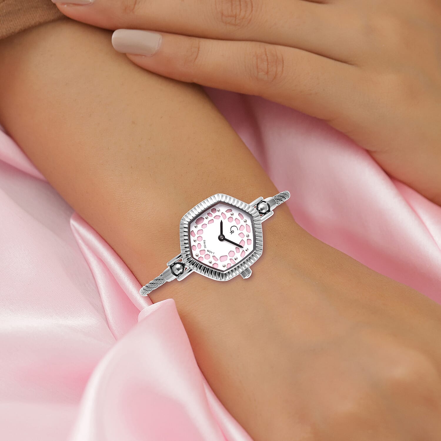 RACHEL GALLEY Swiss Movement 5ATM Water Resistant Lattice Design Pink MOP Dial Bangle Watch (Size 6.5-7) in Stainless Steel