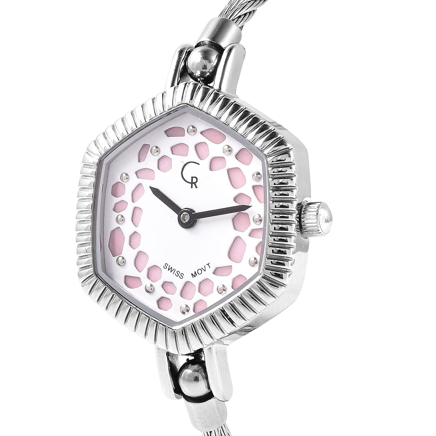RACHEL GALLEY Swiss Movement 5ATM Water Resistant Lattice Design Pink MOP Dial Bangle Watch (Size 6.5-7) in Stainless Steel