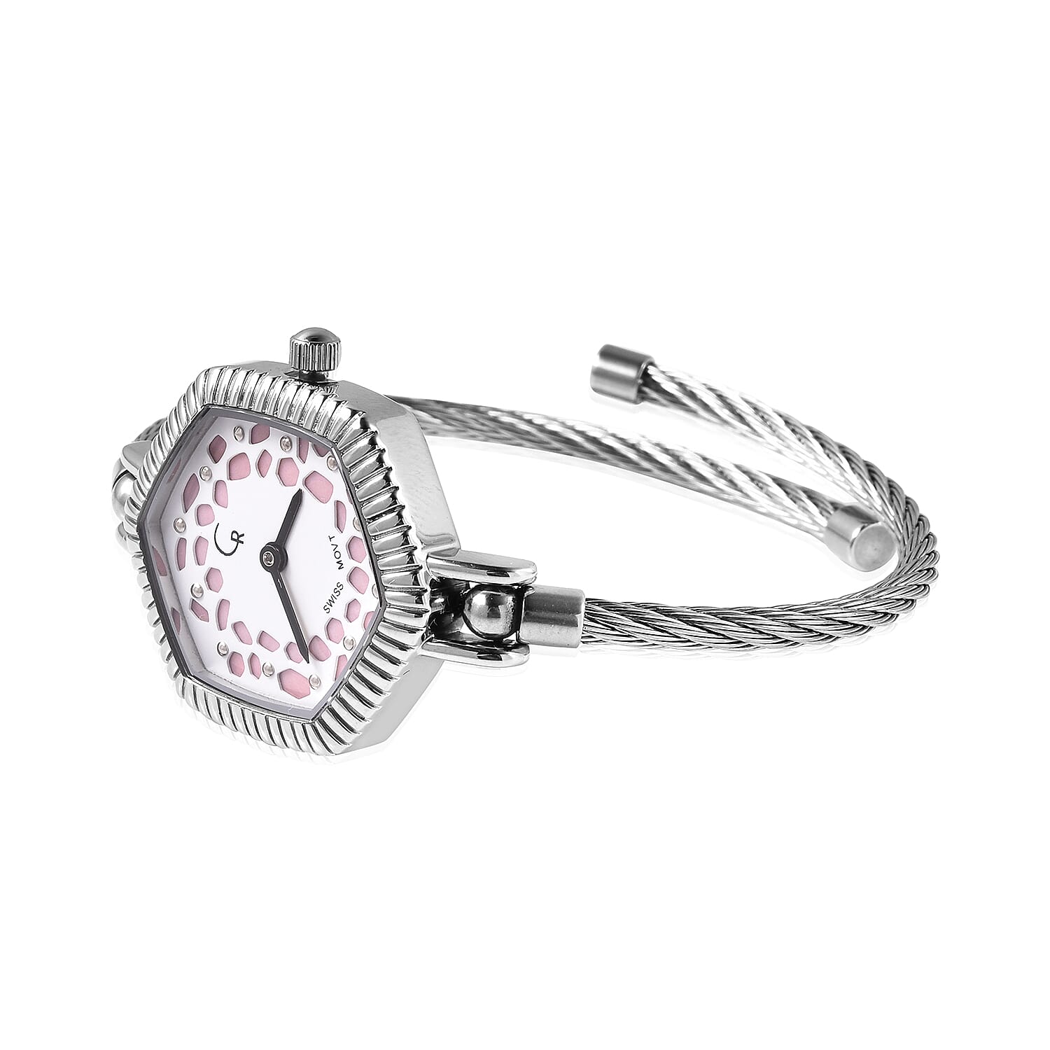 RACHEL GALLEY Swiss Movement 5ATM Water Resistant Lattice Design Pink MOP Dial Bangle Watch (Size 6.5-7) in Stainless Steel
