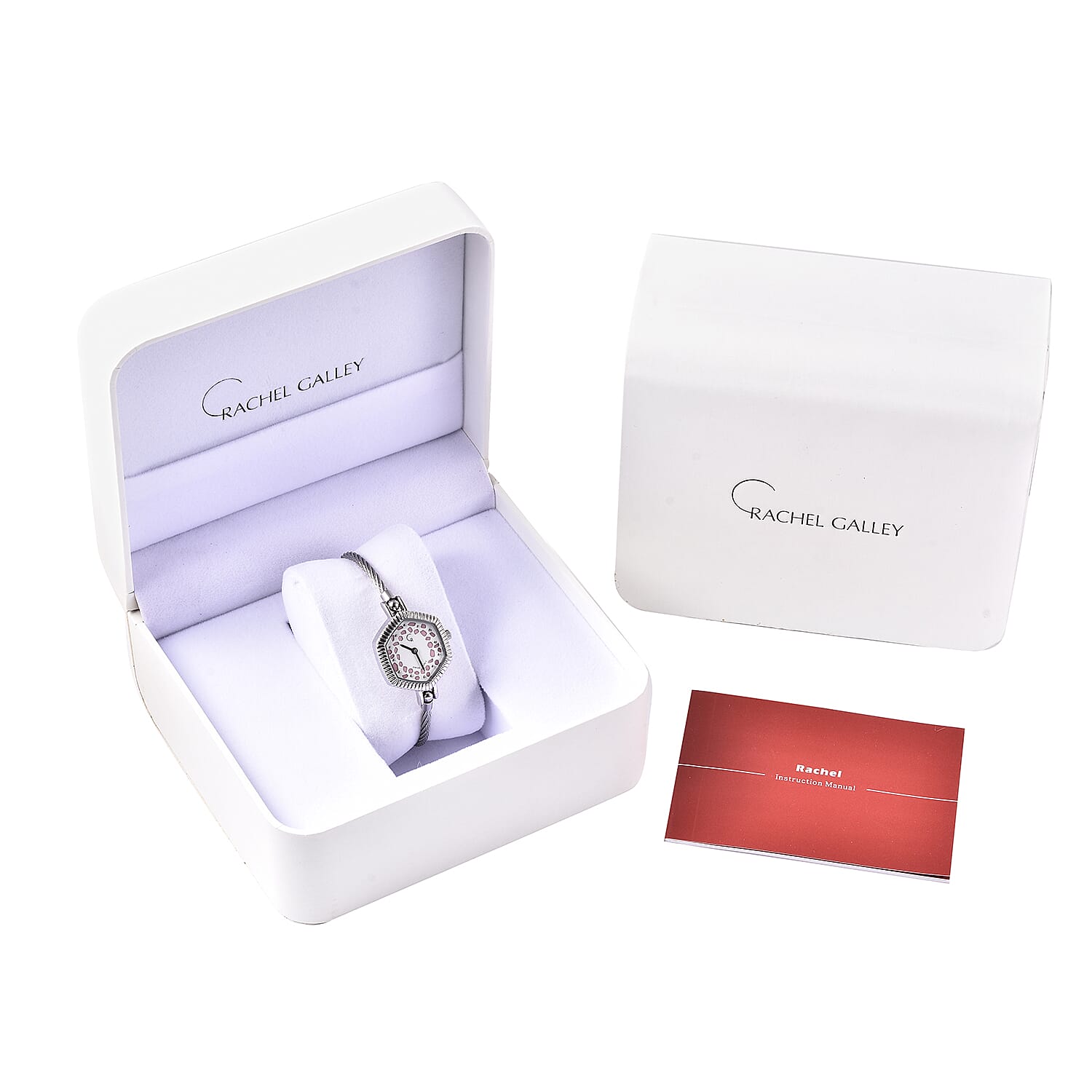 RACHEL GALLEY Swiss Movement 5ATM Water Resistant Lattice Design Pink MOP Dial Bangle Watch (Size 6.5-7) in Stainless Steel