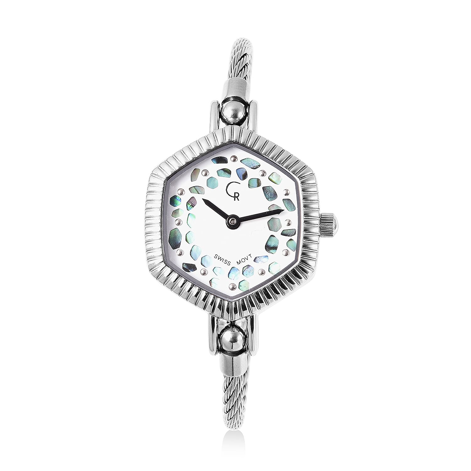 RACHEL GALLEY Swiss Movement 5ATM Water Resistant Lattice Design Abalone Shell Dial Bangle Watch (Size 6.5-7) in Stainless Steel