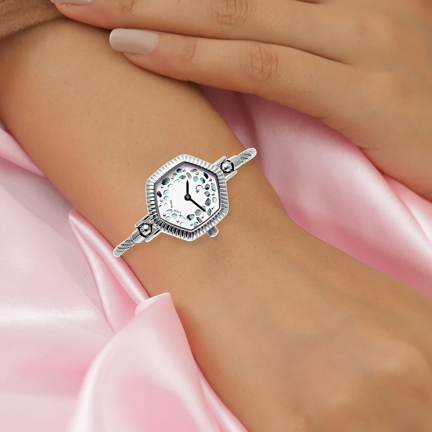 RACHEL GALLEY Swiss Movement 5ATM Water Resistant Lattice Design Abalone Shell Dial Bangle Watch (Size 6.5-7) in Stainless Steel