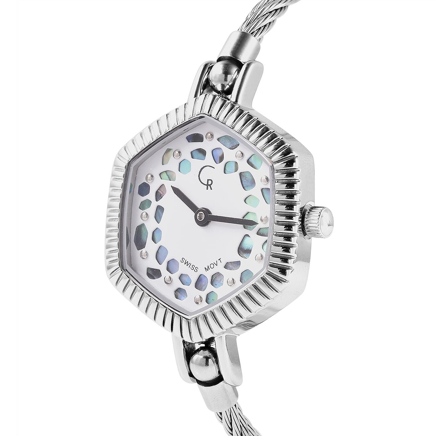 RACHEL GALLEY Swiss Movement 5ATM Water Resistant Lattice Design Abalone Shell Dial Bangle Watch (Size 6.5-7) in Stainless Steel