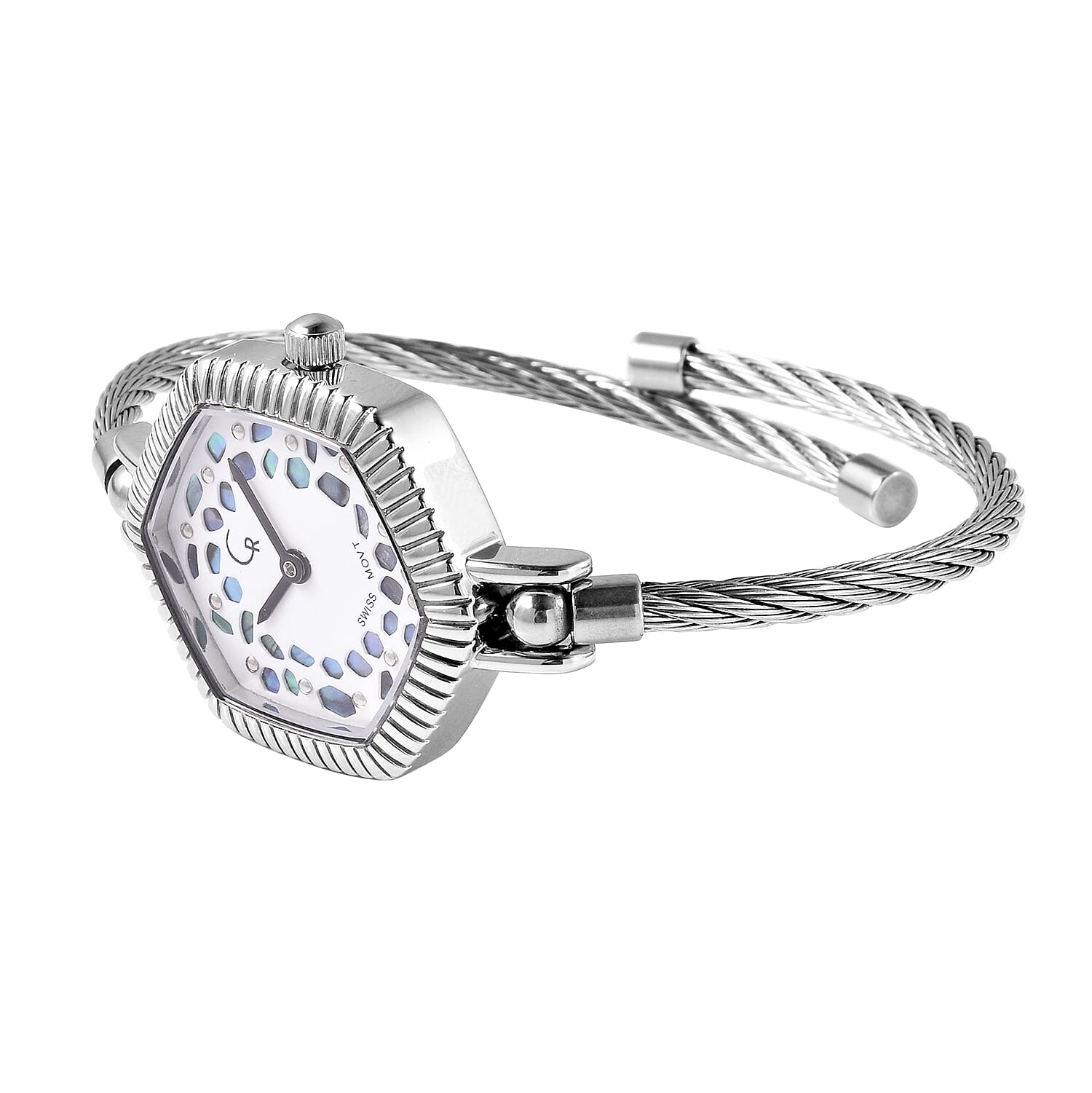 RACHEL GALLEY Swiss Movement 5ATM Water Resistant Lattice Design Abalone Shell Dial Bangle Watch (Size 6.5-7) in Stainless Steel