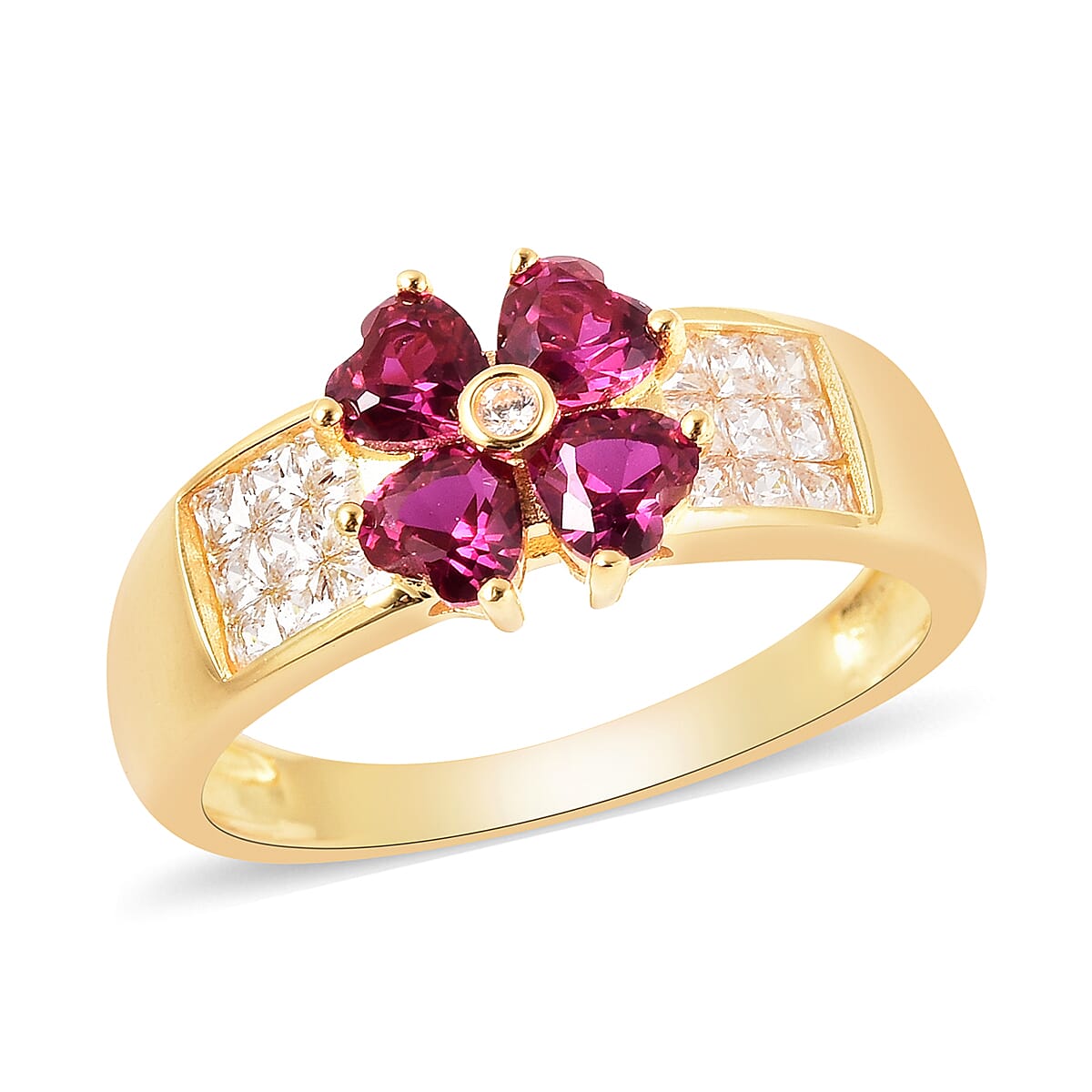 ELANZA Simulated Ruby and Simulated Diamond Four-Leaf Clover Ring in Yellow Gold Overlay Sterling Silver