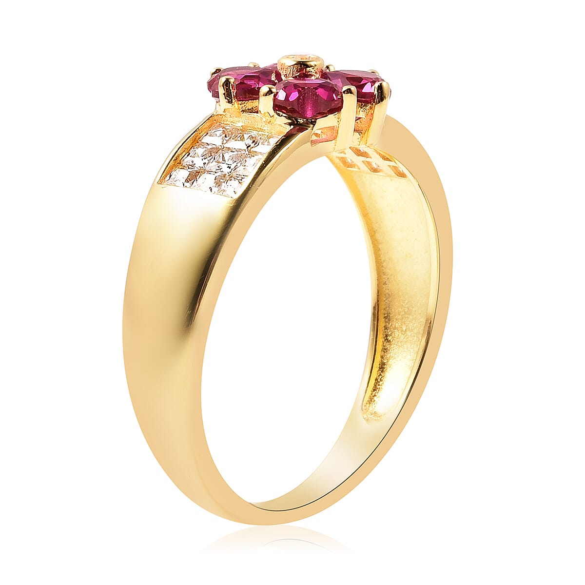 ELANZA Simulated Ruby and Simulated Diamond Four-Leaf Clover Ring in Yellow Gold Overlay Sterling Silver