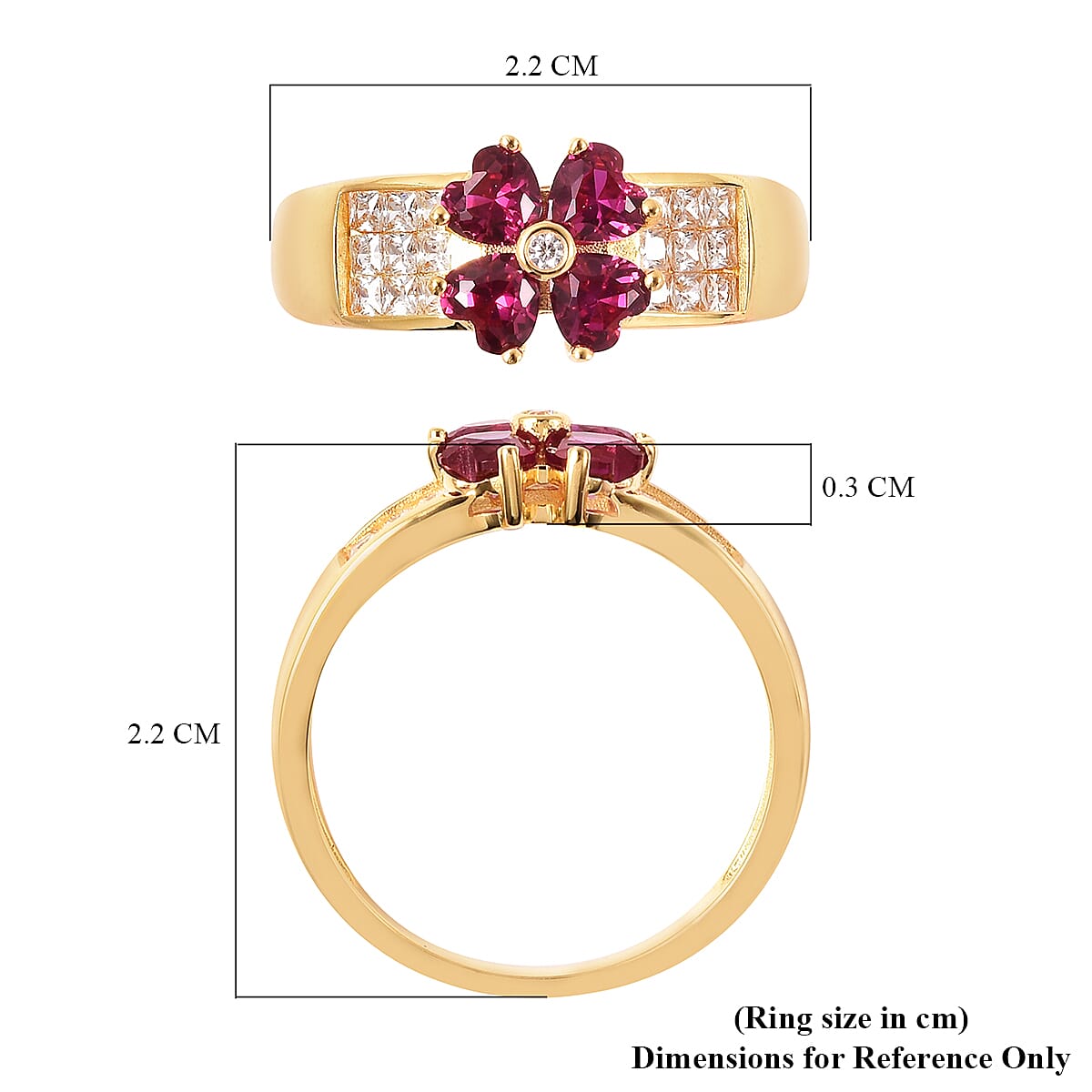 ELANZA Simulated Ruby and Simulated Diamond Four-Leaf Clover Ring in Yellow Gold Overlay Sterling Silver