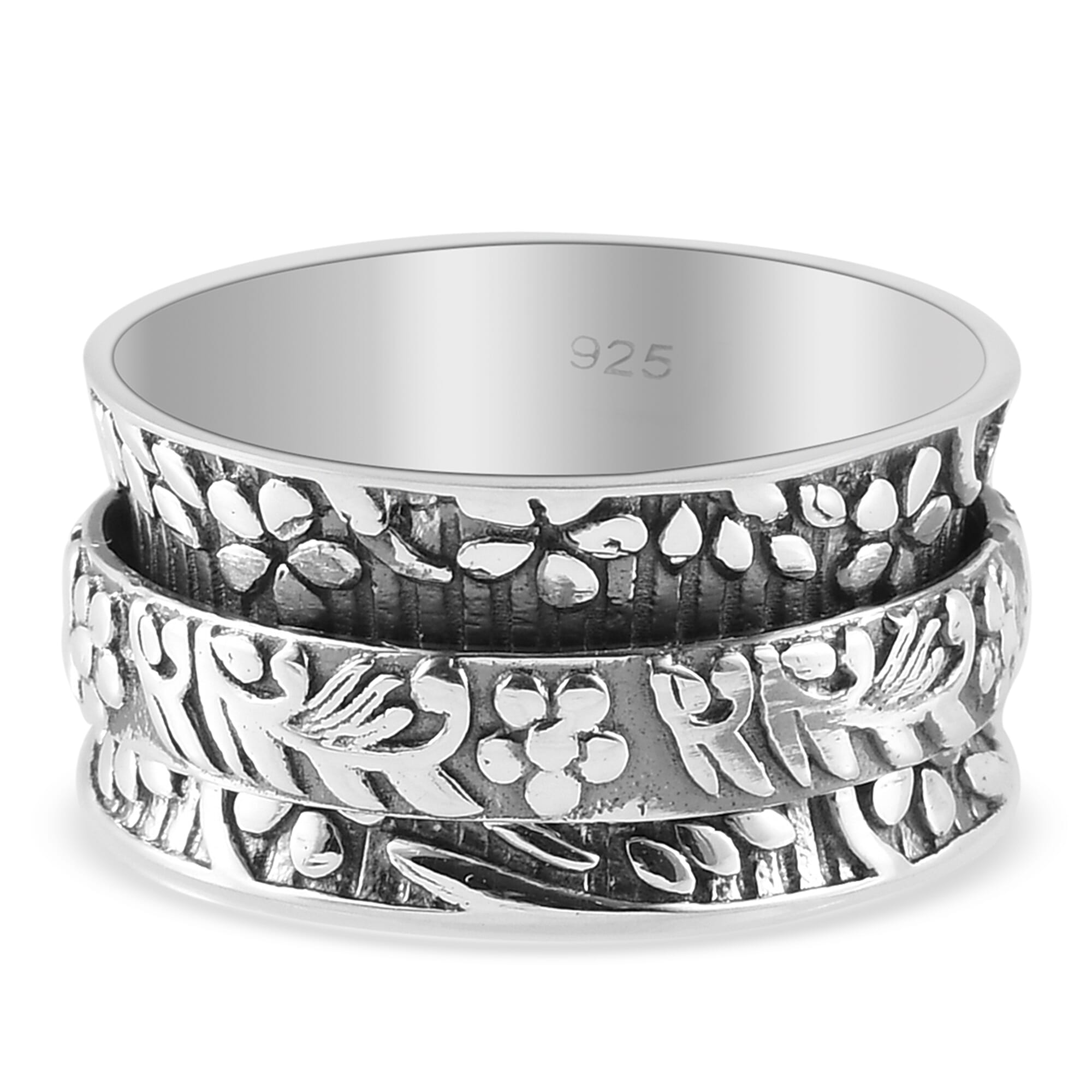 Platinum Overlay Sterling Silver Floral Pattern Embossed Stackable Ring, Silver Wt 5.52 Gms