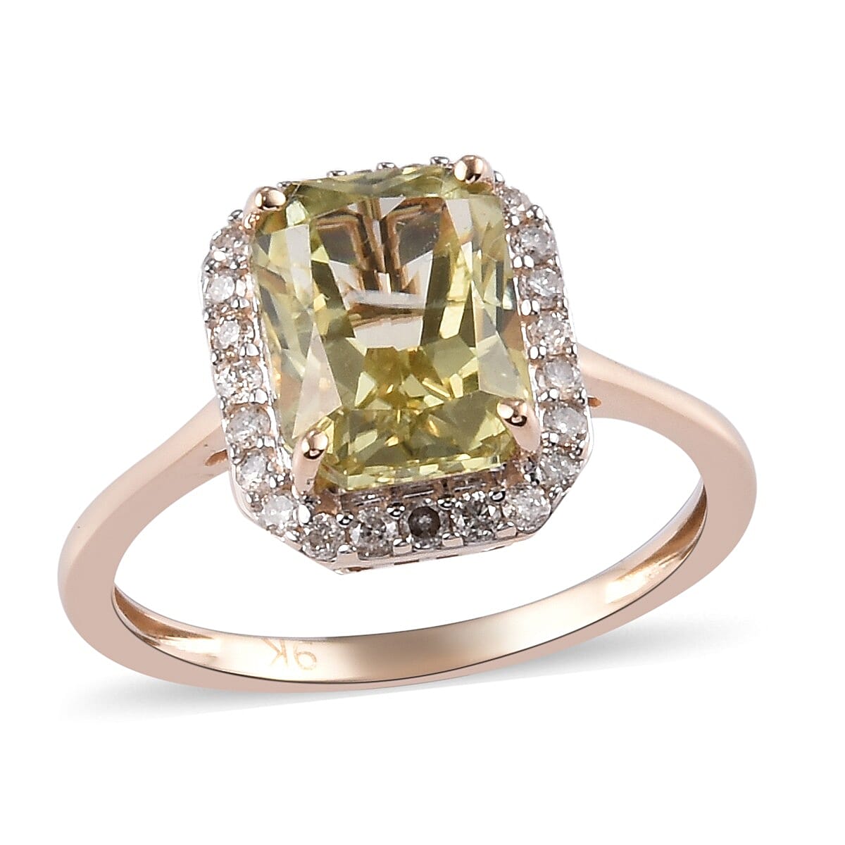 9K Yellow Gold Very Rare Hiddenite and Diamond Halo Ring 3.10 Ct.
