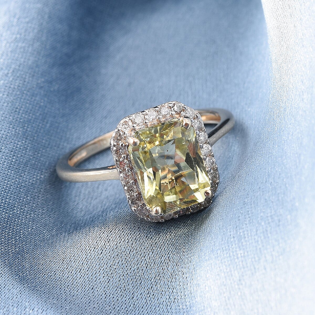 9K Yellow Gold Very Rare Hiddenite and Diamond Halo Ring 3.10 Ct.