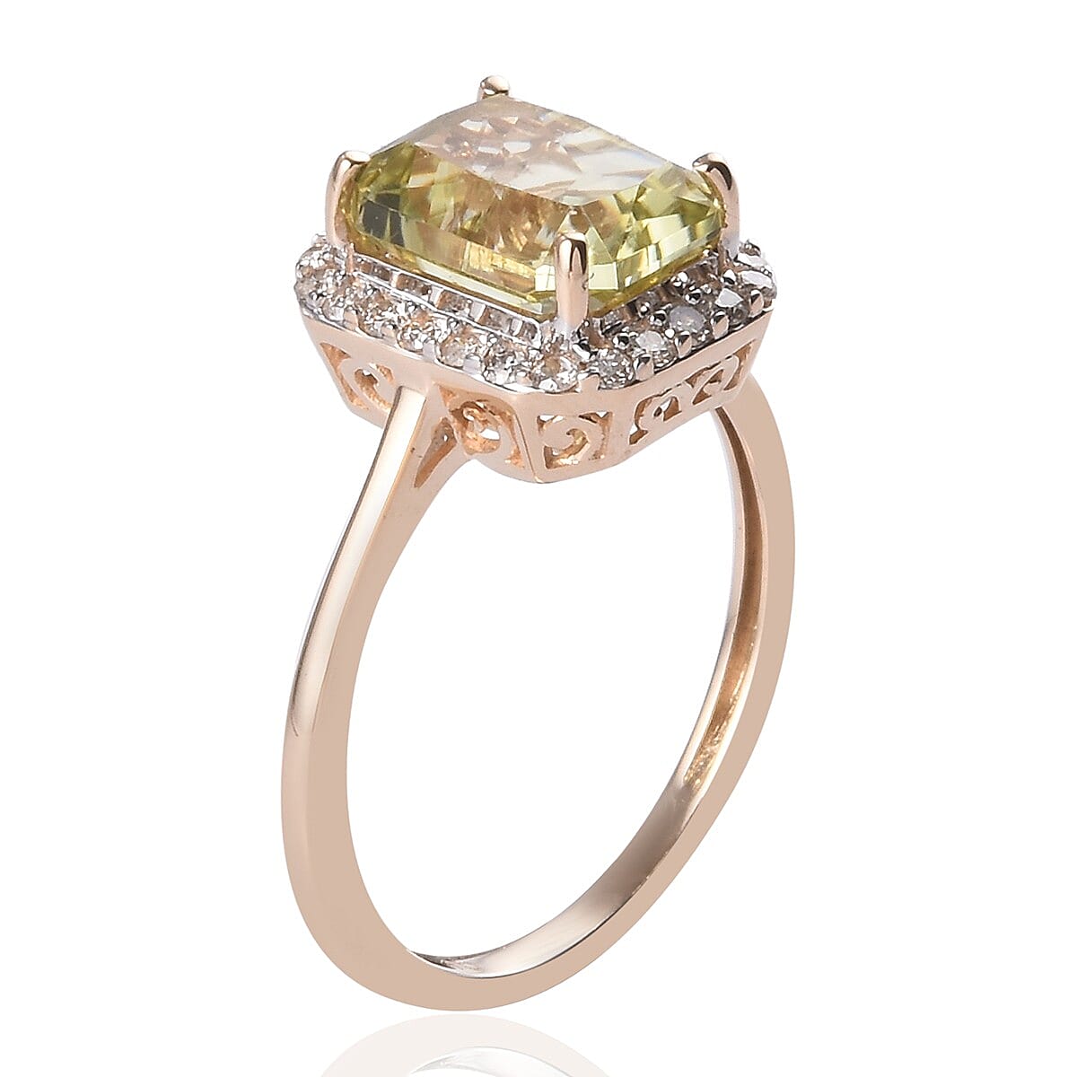 9K Yellow Gold Very Rare Hiddenite and Diamond Halo Ring 3.10 Ct.