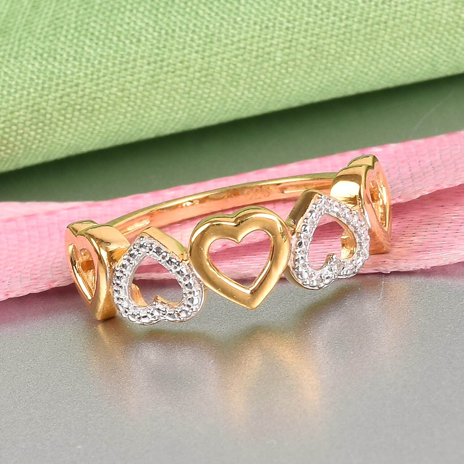 Diamond Hearts Ring in Yellow Gold and Platinum Overlay Sterling Silver