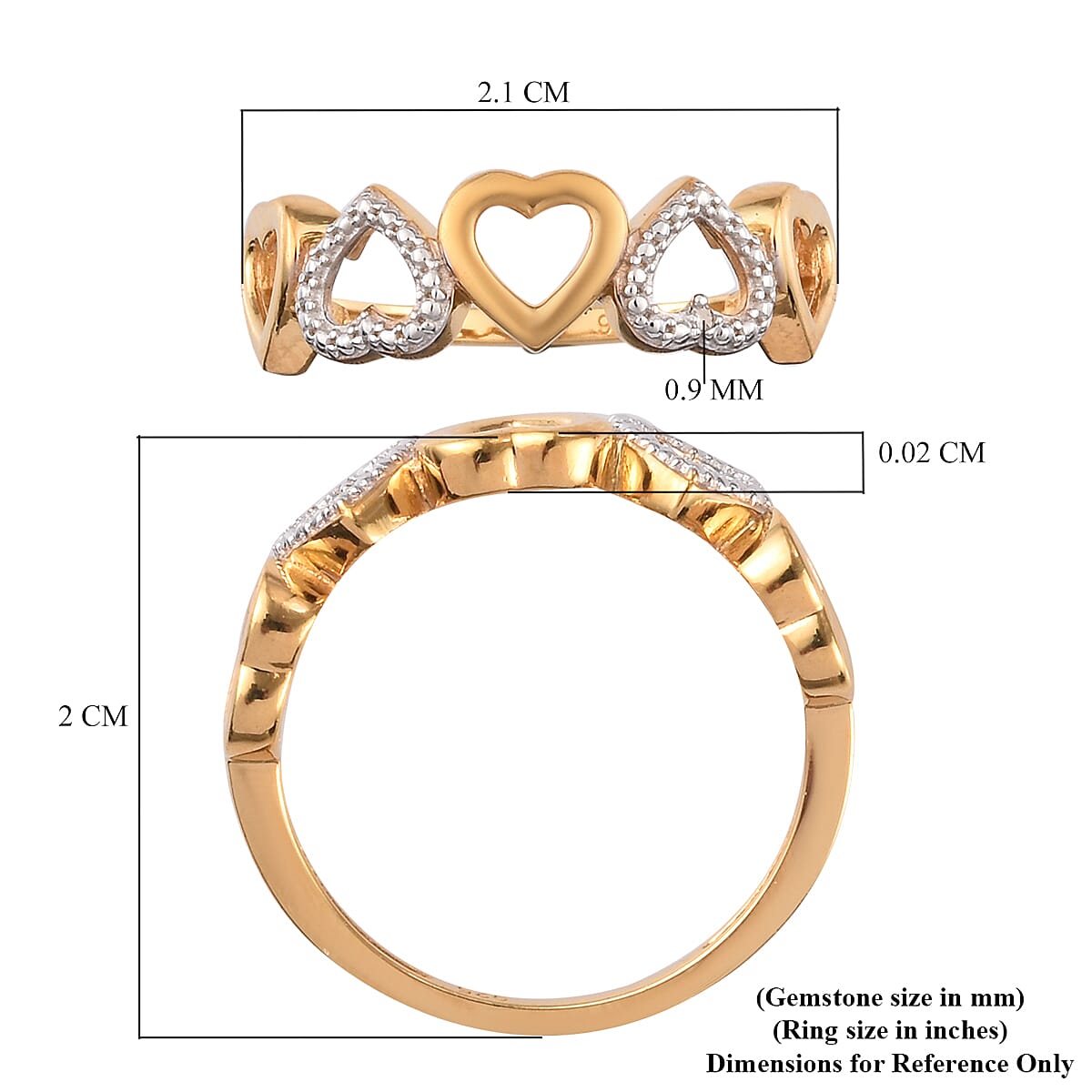 Diamond Hearts Ring in Yellow Gold and Platinum Overlay Sterling Silver