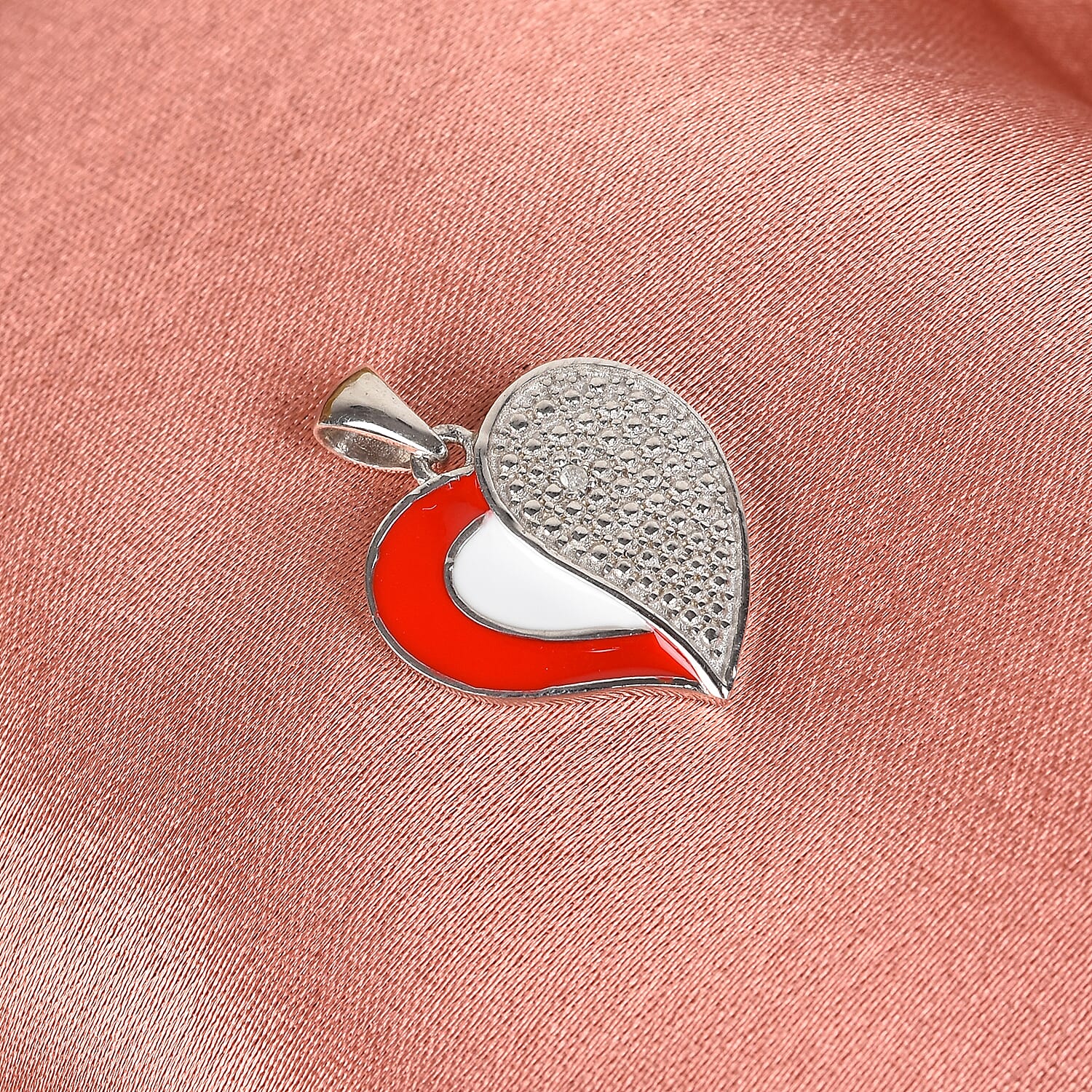 Diamond Enamelled Heart Pendant in Platinum Overlay Sterling Silver
