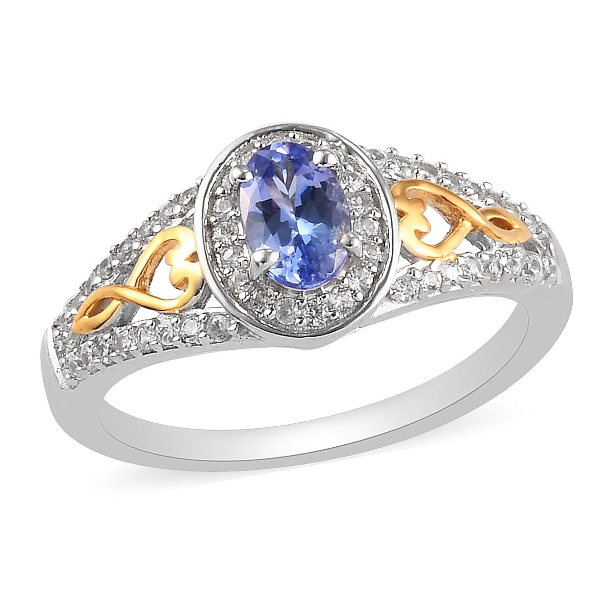 Tanzanite and Natural Cambodian Zircon Ring in Platinum and Yellow Gold Overlay Sterling Silver
