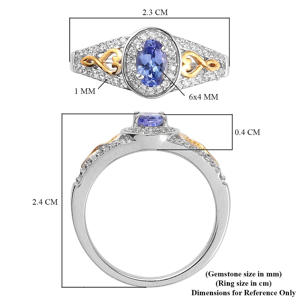 Tanzanite and Natural Cambodian Zircon Ring in Platinum and Yellow Gold Overlay Sterling Silver