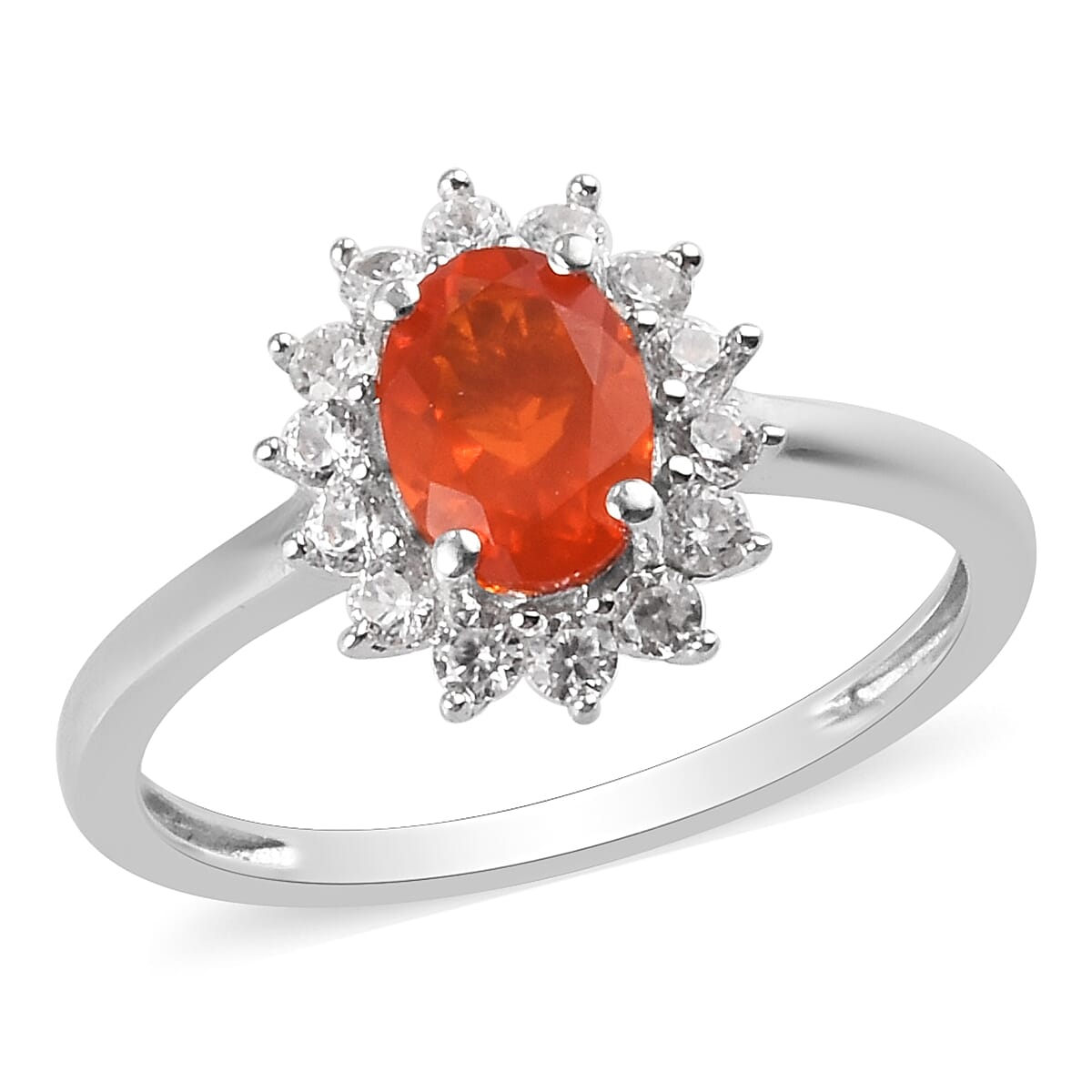 Crimson Fire Opal and Natural Cambodian Zircon Halo Ring in Platinum Overlay Sterling Silver 1.00  Ct.