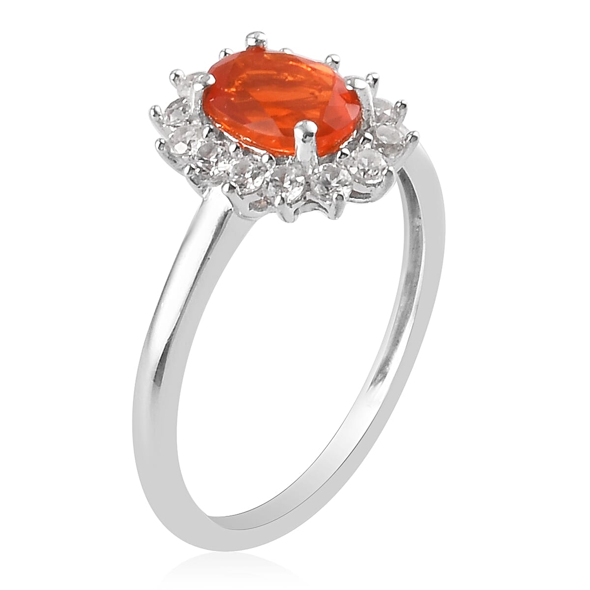 Crimson Fire Opal and Natural Cambodian Zircon Halo Ring in Platinum Overlay Sterling Silver 1.00  Ct.