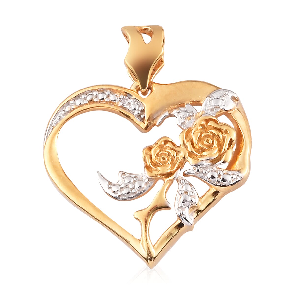 Diamond Heart and Rose Pendant in 14K Gold Overlay Sterling Silver