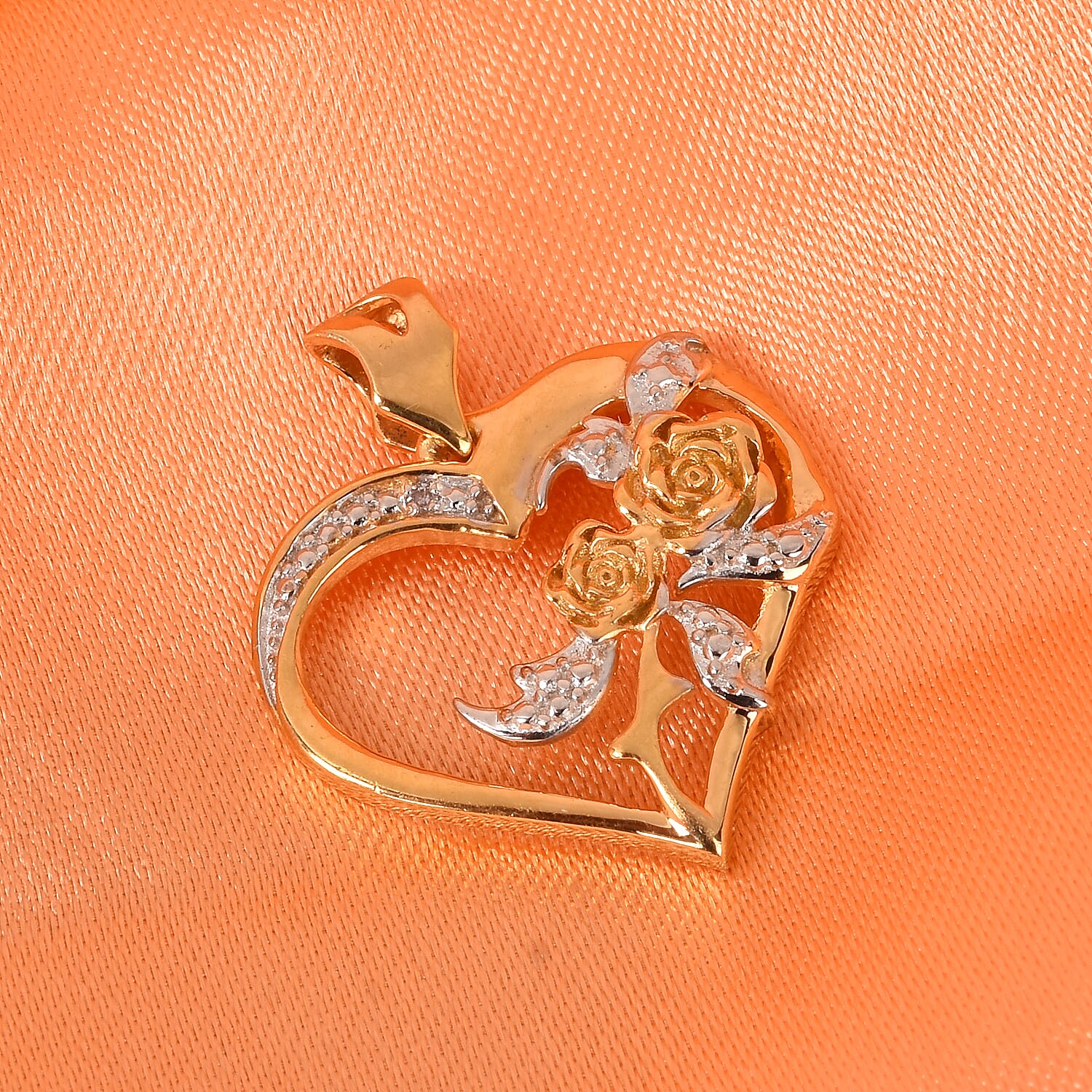 Diamond Heart and Rose Pendant in 14K Gold Overlay Sterling Silver