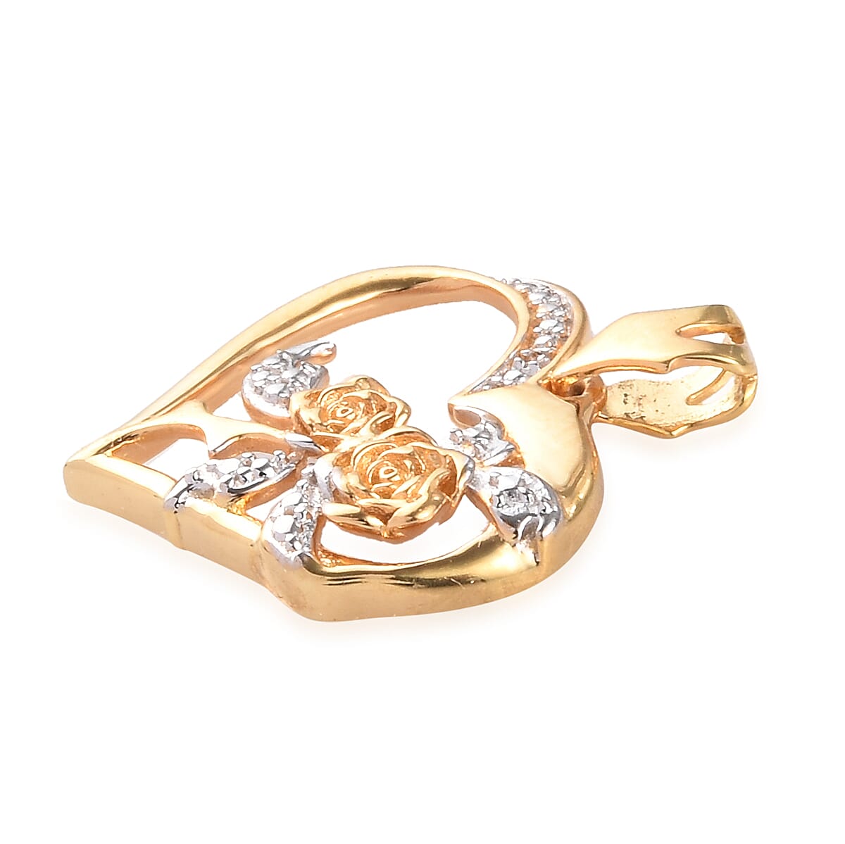 Diamond Heart and Rose Pendant in 14K Gold Overlay Sterling Silver