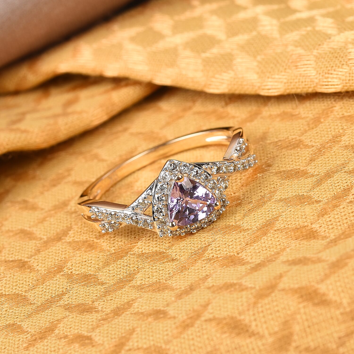 9K Yellow Gold Pink Tanzanite and Diamond Ring 0.75 Ct.