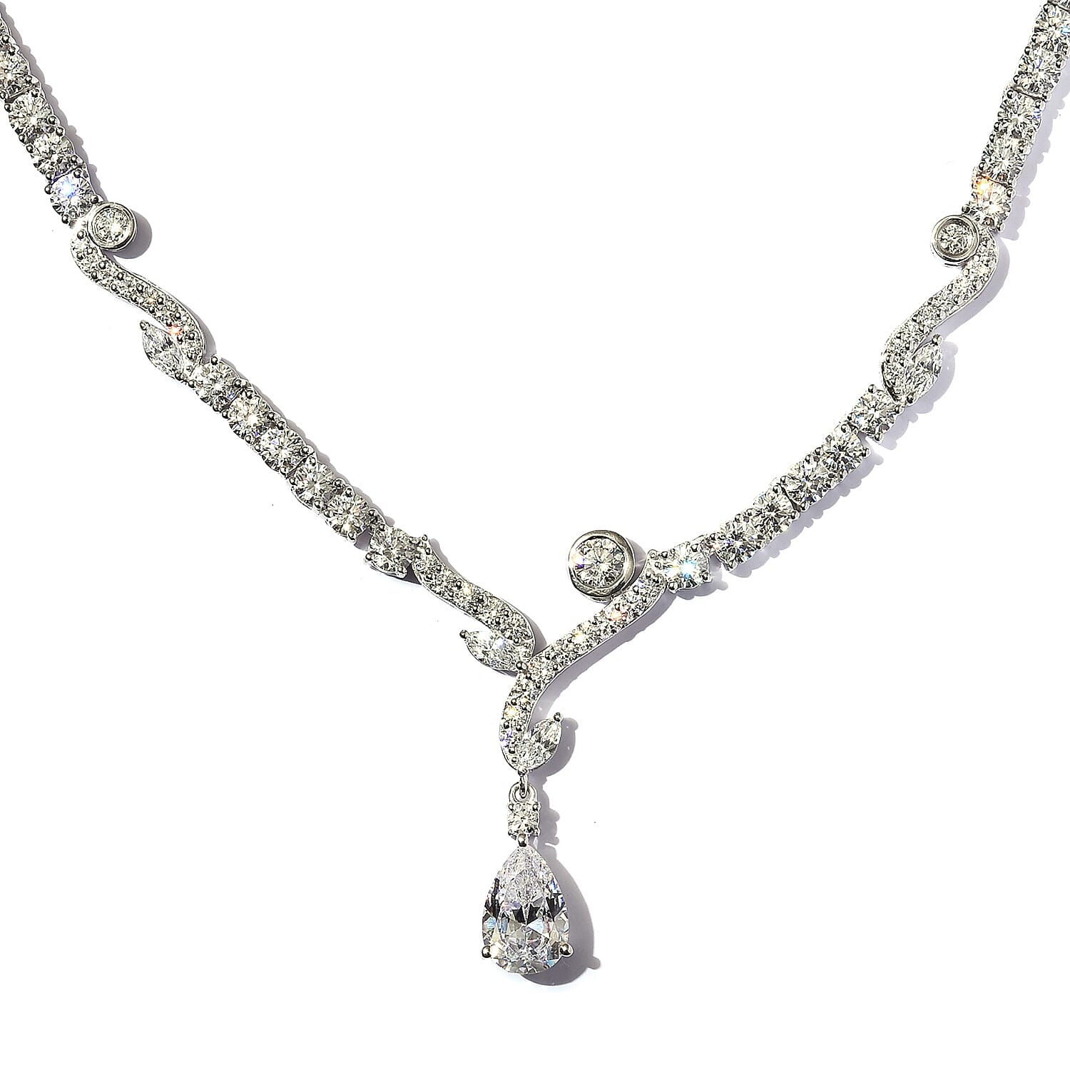 Lustro Stella Platinum Overlay Sterling Silver Necklace (Size 18) Made with Finest CZ 44.13 Ct, Silver wt. 22.00 Gms