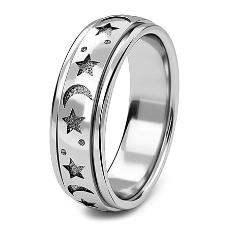 Sterling Silver Moon and Star Fidget Spinner Band Anxiety Stress Reliever Ring for Men and Women