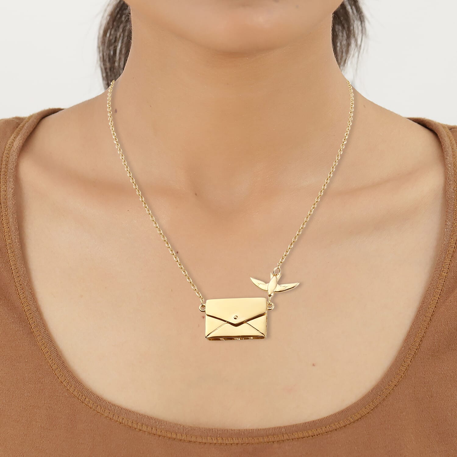 Secret Message Envelope Necklace with Bird in Gold Plated Silver Size 20 Inch