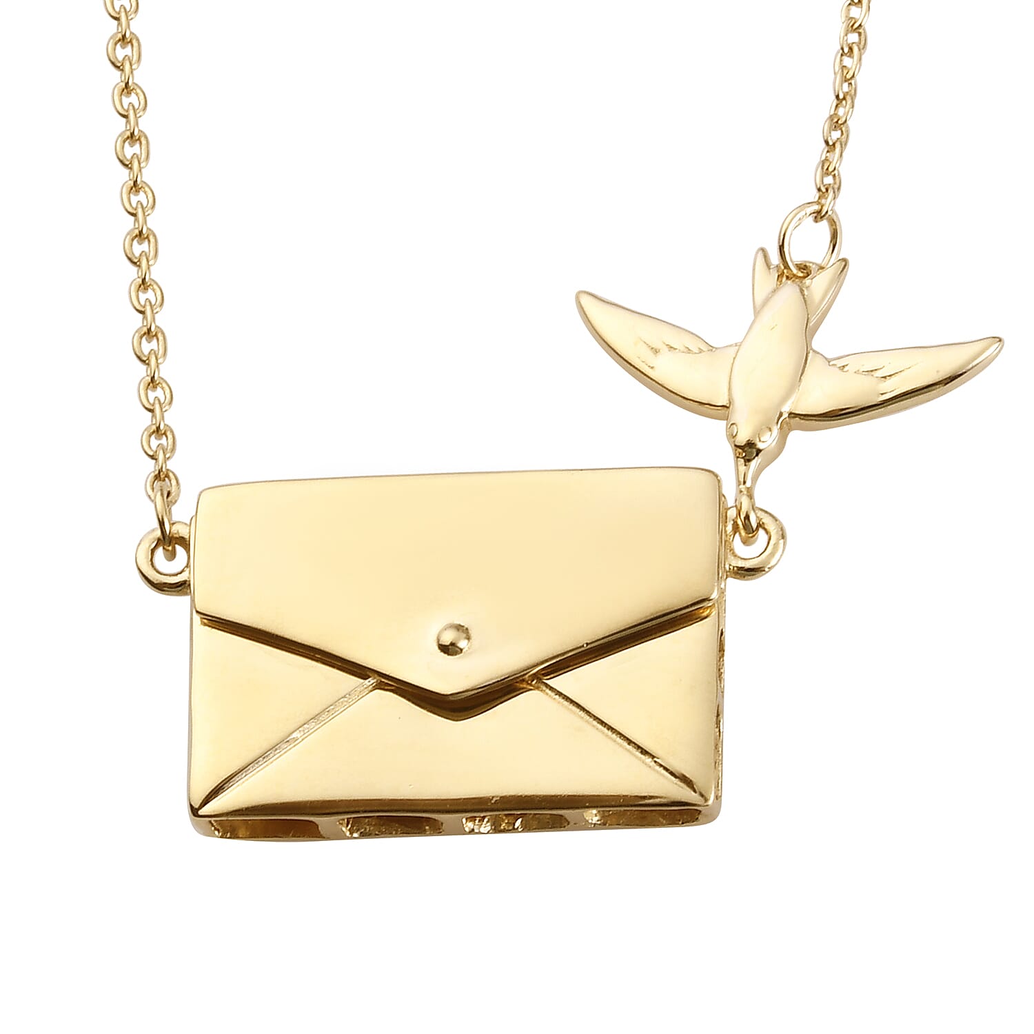 Secret Message Envelope Necklace with Bird in Gold Plated Silver Size 20 Inch