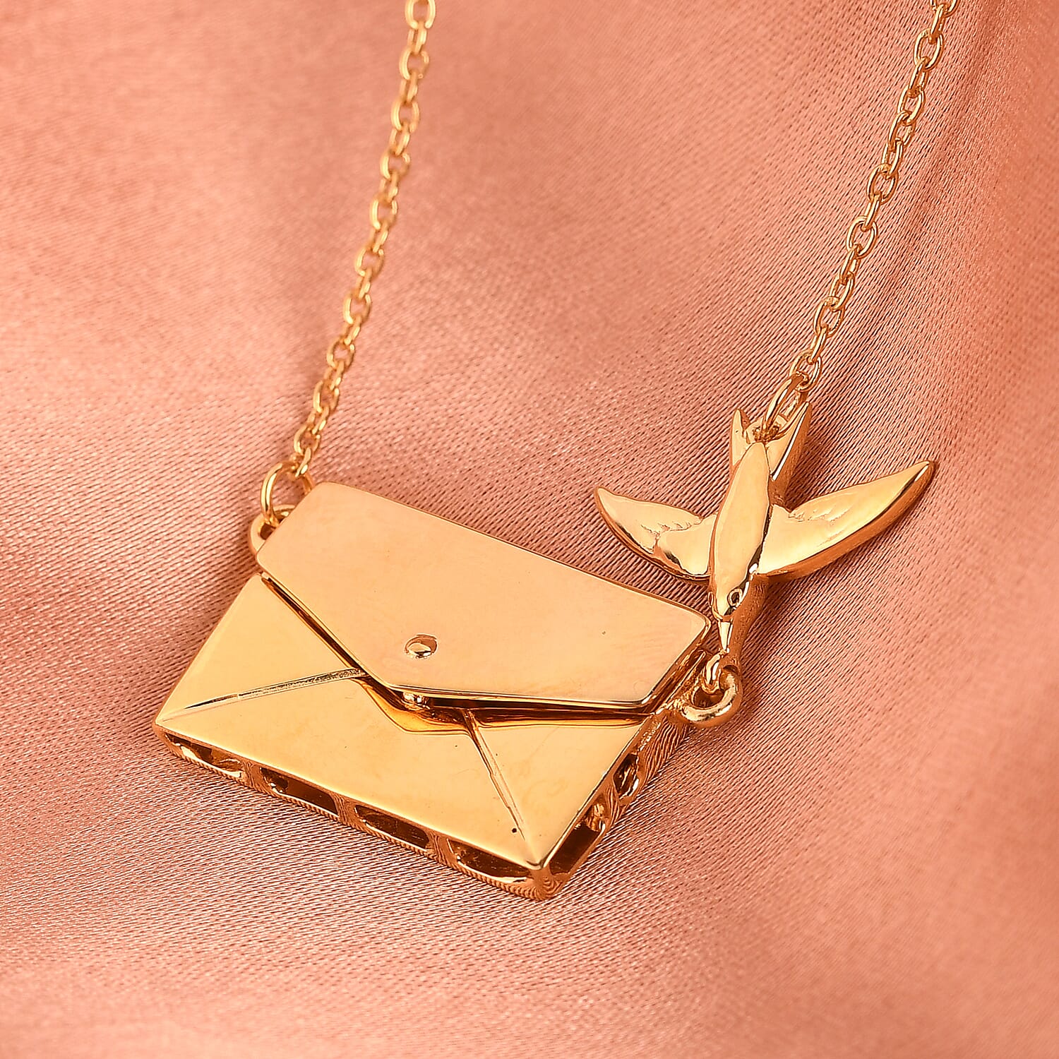 Secret Message Envelope Necklace with Bird in Gold Plated Silver Size 20 Inch